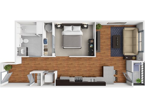 A modern apartment layout with a bedroom, living room, and kitchen.